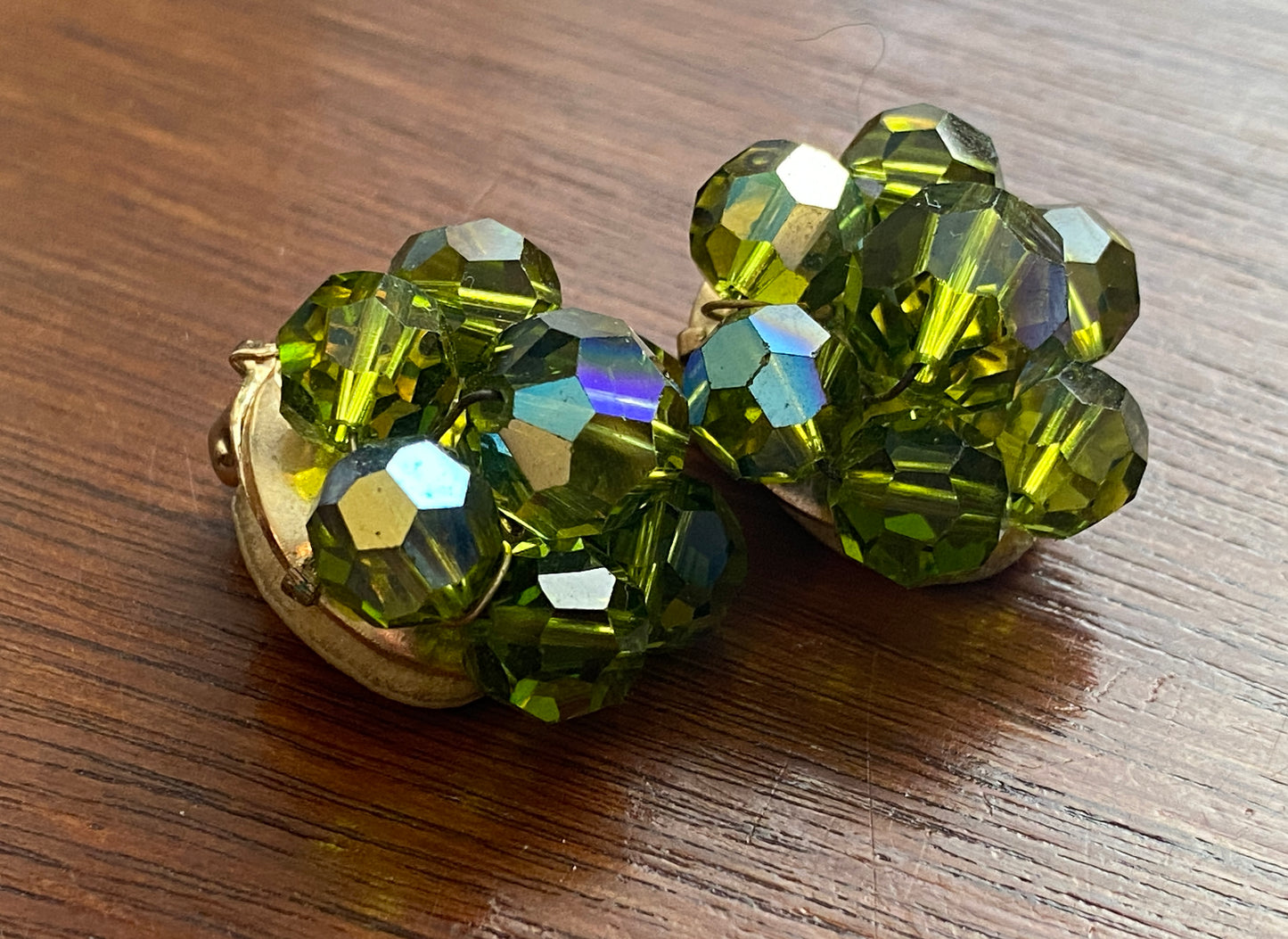 Vintage Green Faceted AB Beaded Cluster Clip on Earrings