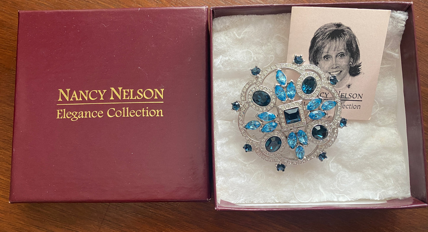 Silver Tone Blue Clear Marquise Rhinestone Nancy Nelson Brooch Pin