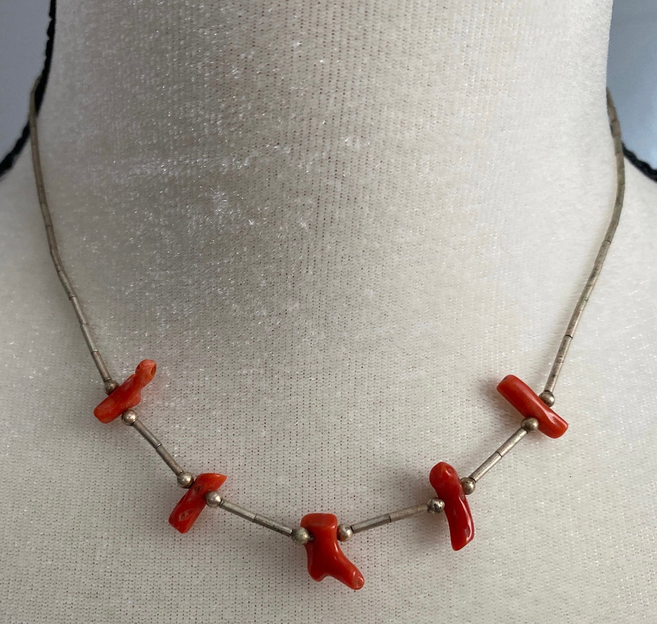 Silver Bead Red Coral Carved Fetish Necklace