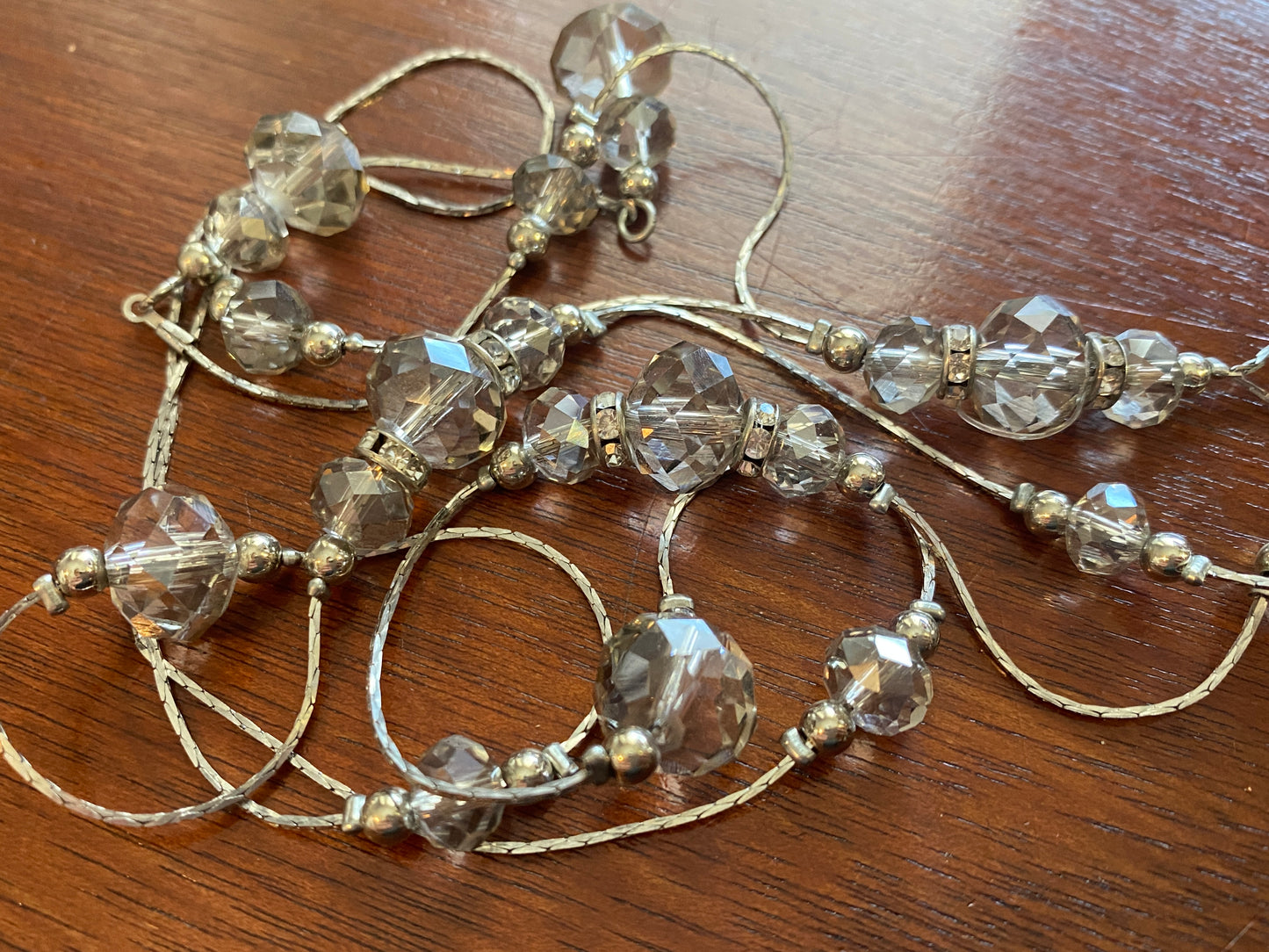 Vintage Silver Tone Opera Length Glass Bead Tassel Necklace Rhinestones