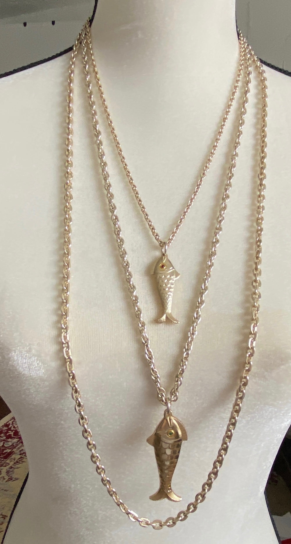 Vintage Germany Gold Tone Chain Multistrand Fish Rhinestone Necklace
