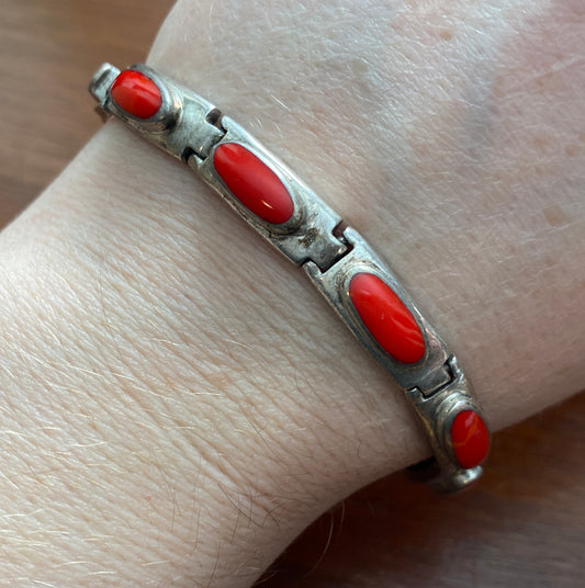 Sterling Silver 925 Red Coral Bracelet 7 3/8" Long