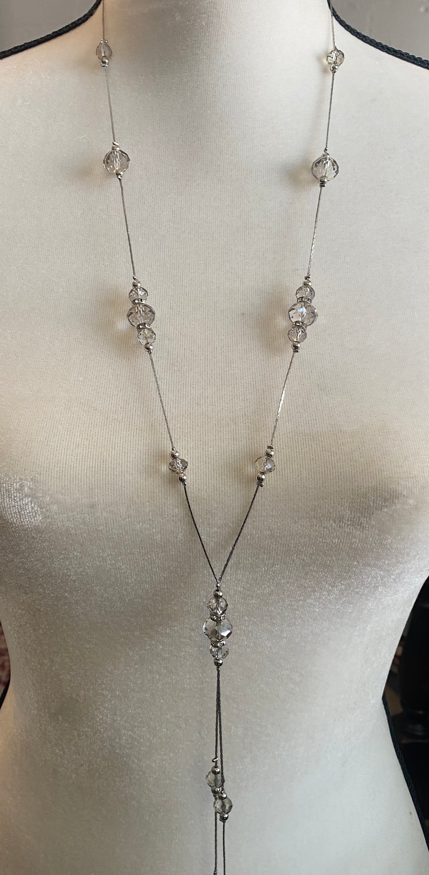 Vintage Silver Tone Opera Length Glass Bead Tassel Necklace Rhinestones