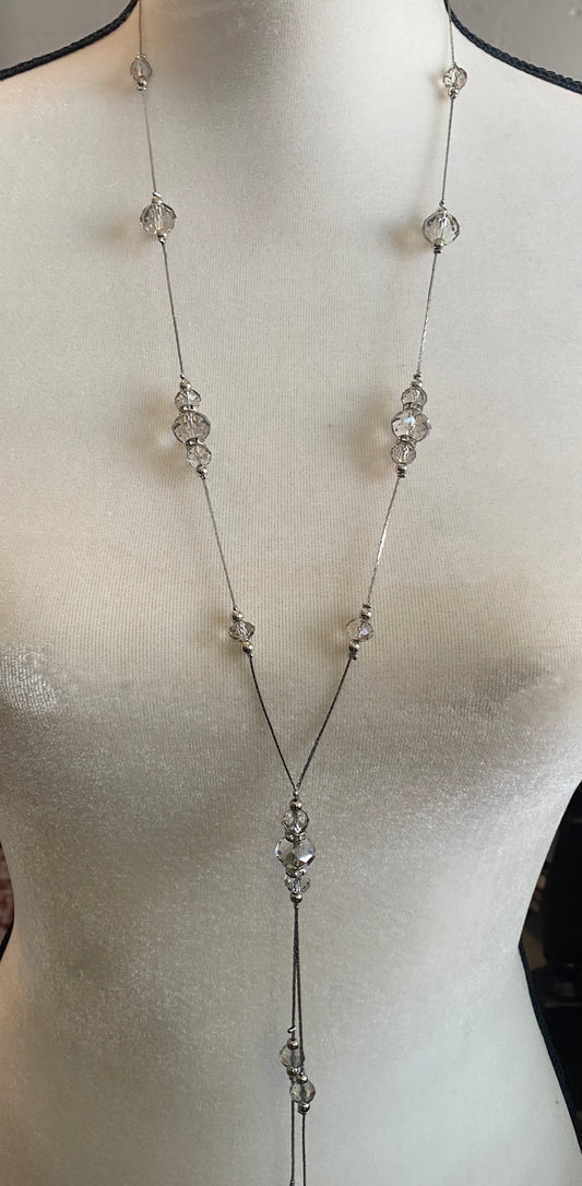 Vintage Silver Tone Opera Length Glass Bead Tassel Necklace Rhinestones