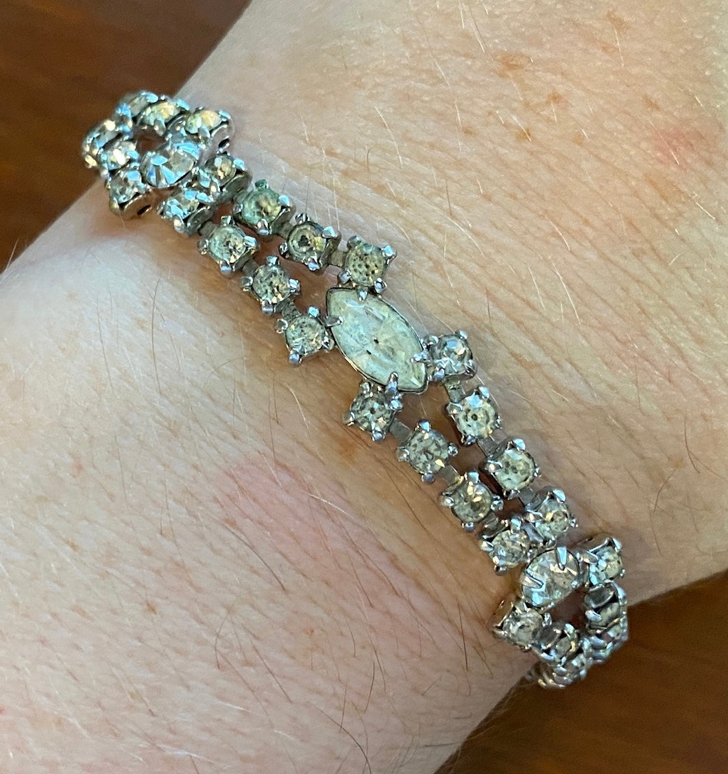 Vintage Silver Tone Marquise 2 Row Rhinestone Bracelet