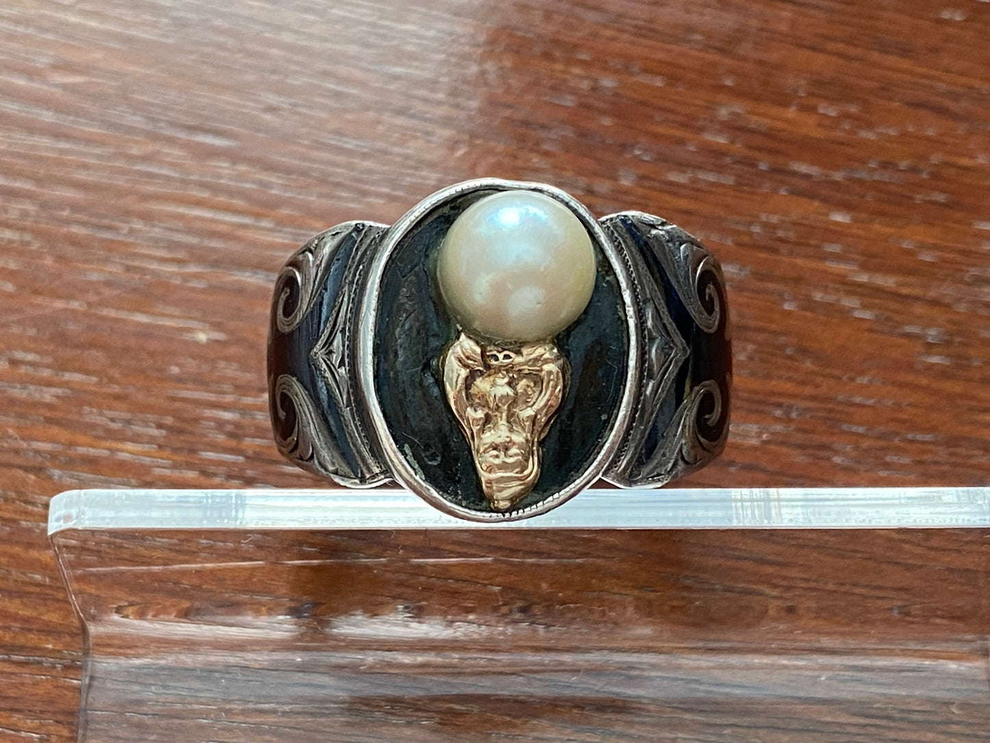 Vintage Niello Silver 950 Pearl Gold Signet Ring Sz 9.5