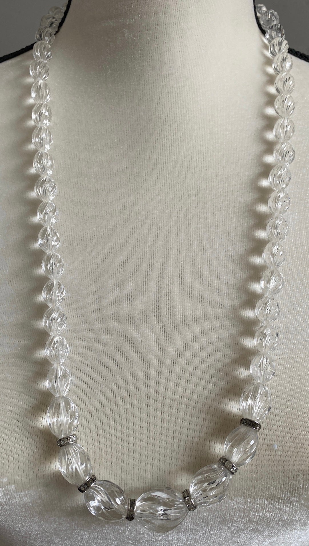 Vintage Clear Plastic Lucite Bead Necklace Silver Rhinestone Spacers