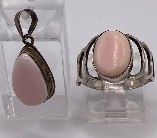 Sterling Silver 925 Pink Opal Ring and Matching Pendant Sz 8