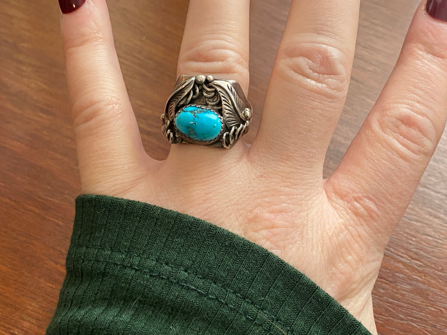 Vintage Old Pawn Silver Turquoise Leaf Ring Sz 9.5