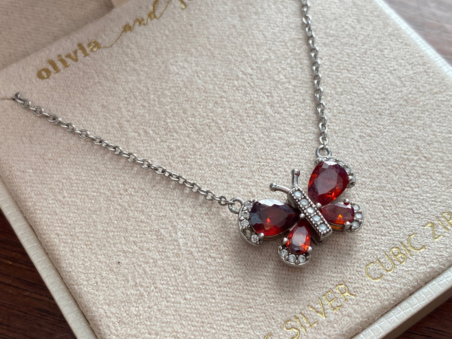 Olivia and Jackson Sterling Silver 925 CZ Red Stone Butterfly Necklace