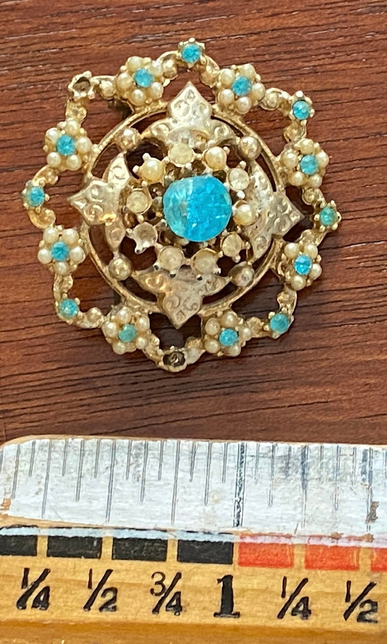 Vintage Gold Tone Blue Glass Rhinestone Brooch Pin Damaged