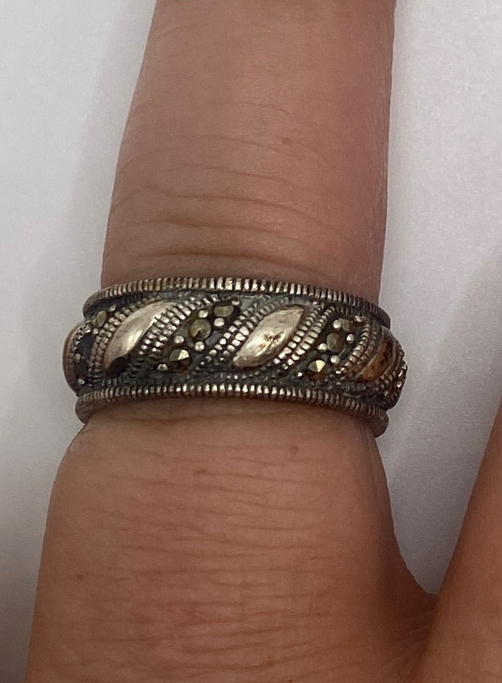 Sterling Silver 925 Marcasite Wide Bead Edge Band Ring Sz 6.5