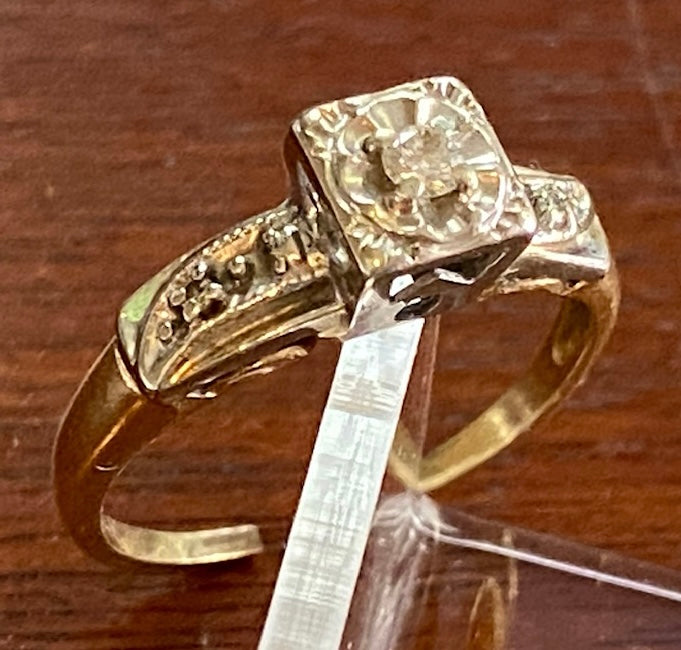 Vintage 14k Yellow White Gold 3 Diamond Engagement Ring Sz 5.25 - 5.5