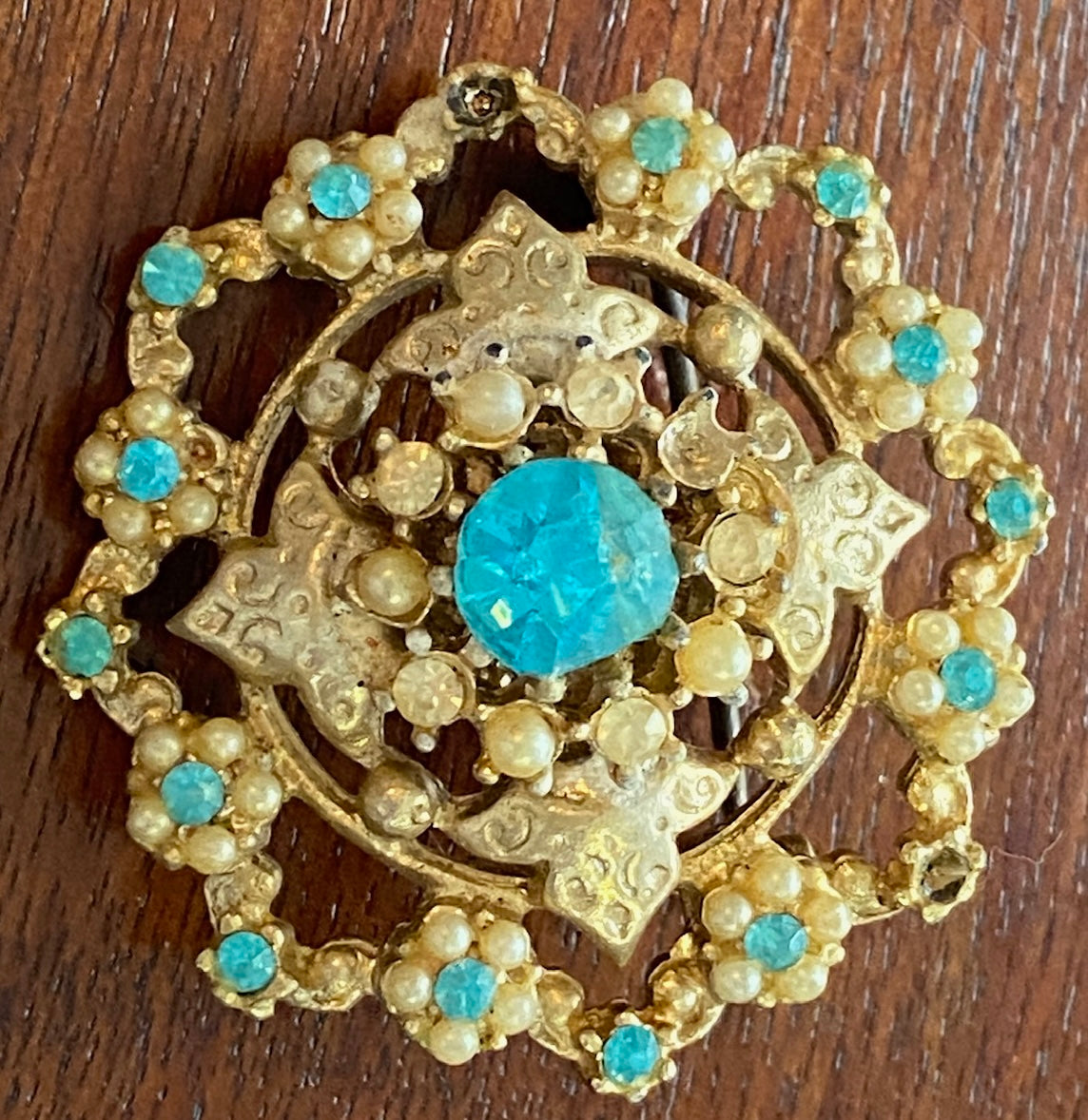 Vintage Gold Tone Blue Glass Rhinestone Brooch Pin Damaged