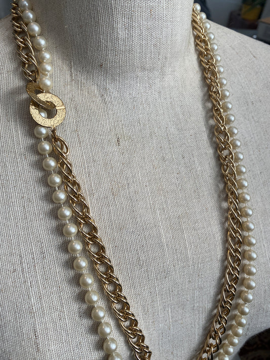 Vintage Faux Pearl Gold Tone Chain 2 Strand Necklace 34" Long