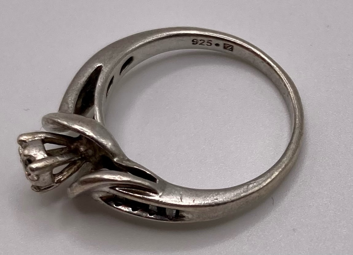 Sterling Silver 925 Diamond Engagement Ring Sz 6.5 Baguette Accents