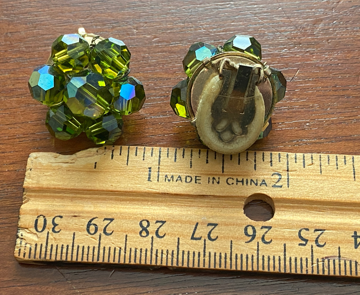 Vintage Green Faceted AB Beaded Cluster Clip on Earrings