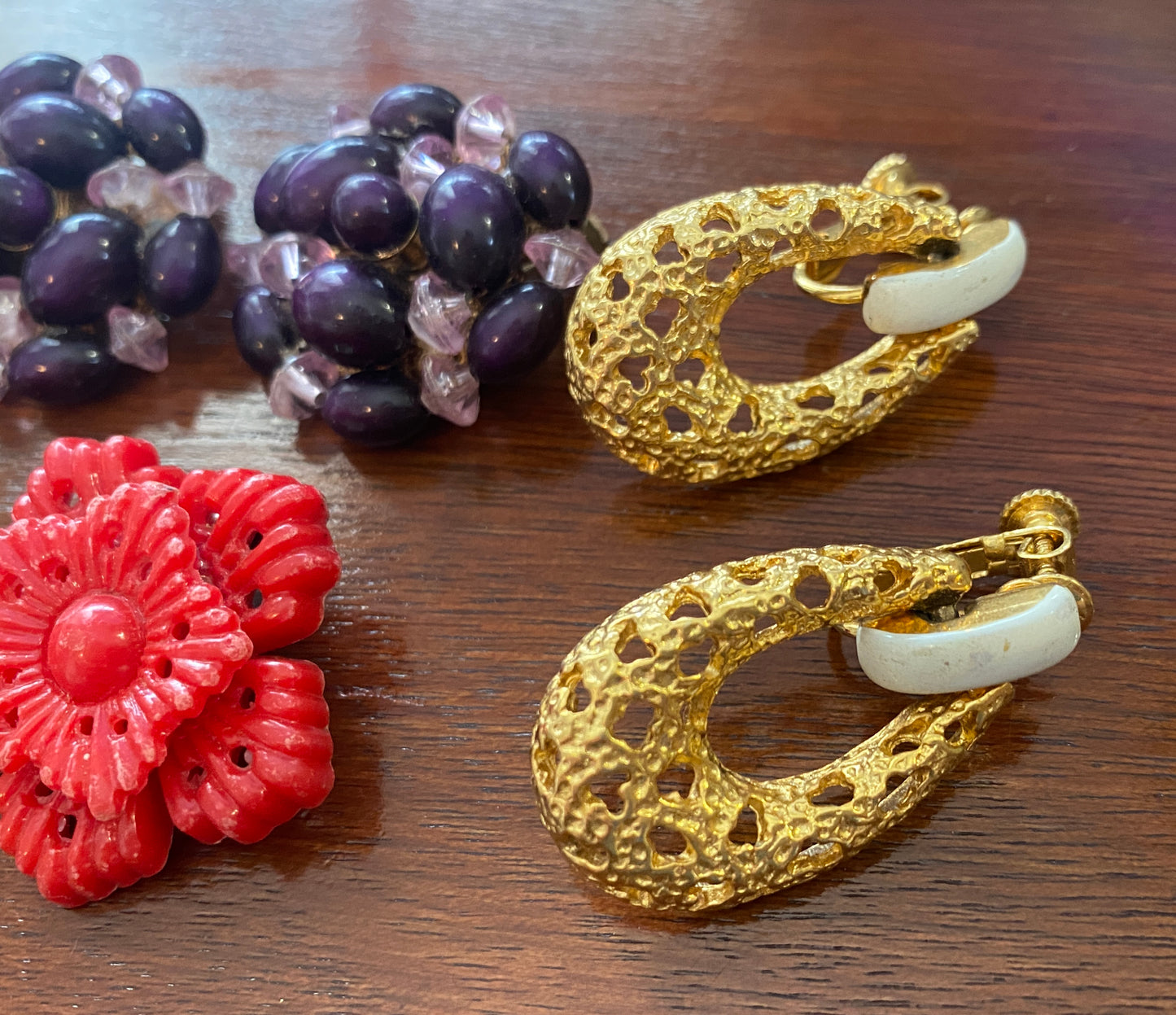 Vintage 80's Clip on Earrings Lot Carved Cluster Pearl Doorknocker