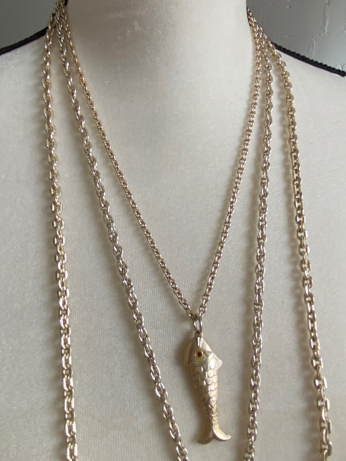 Vintage Germany Gold Tone Chain Multistrand Fish Rhinestone Necklace