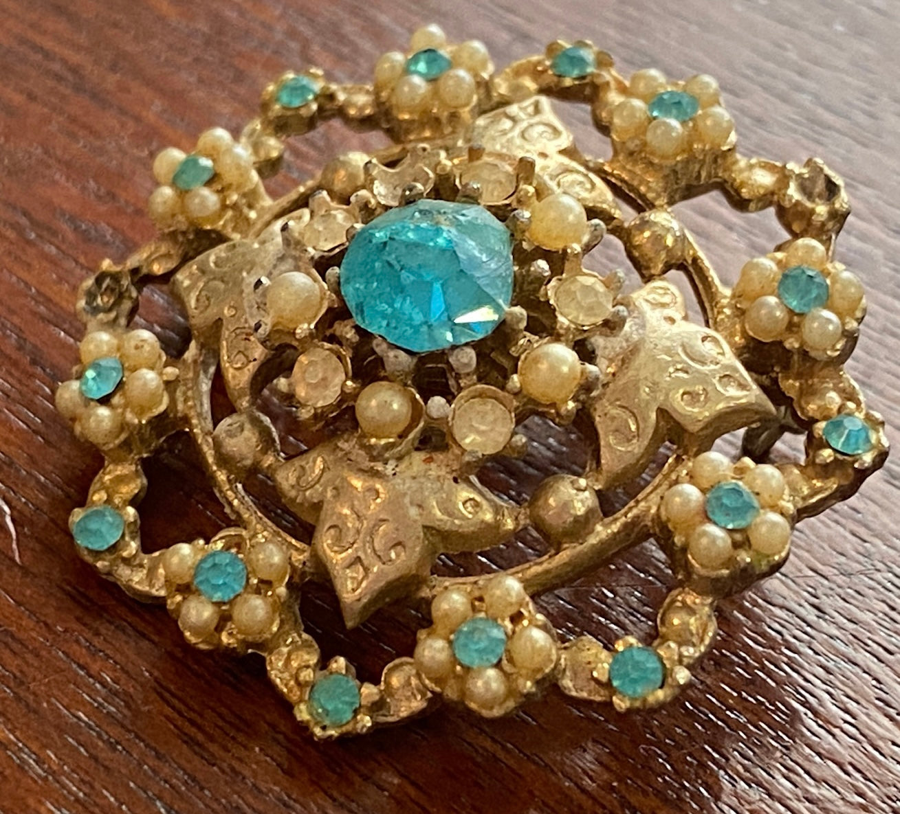 Vintage Gold Tone Blue Glass Rhinestone Brooch Pin Damaged