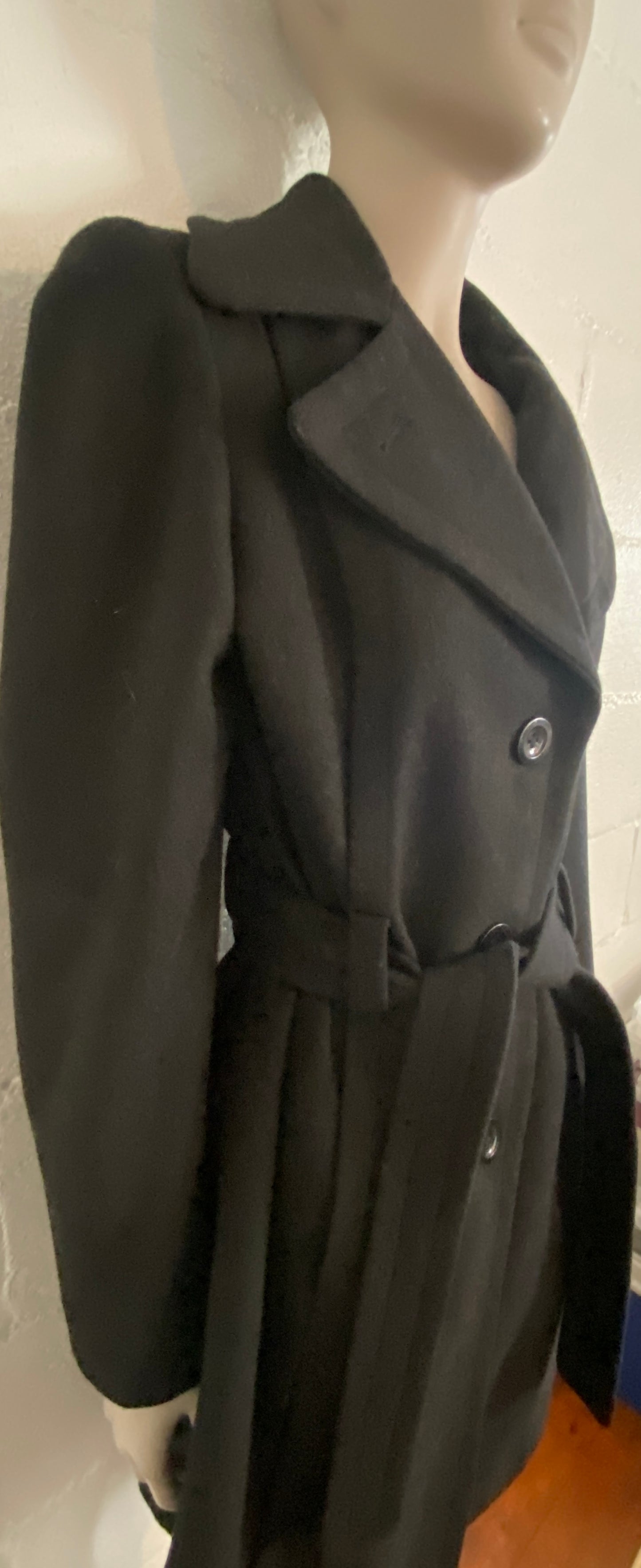 Black Anne Klein Belted Coat Sz M Wood Blend