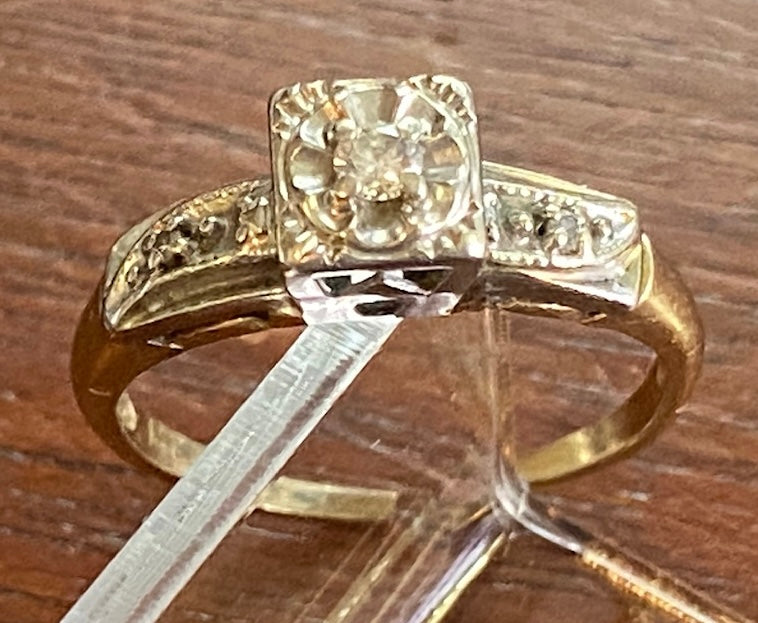 Vintage 14k Yellow White Gold 3 Diamond Engagement Ring Sz 5.25 - 5.5