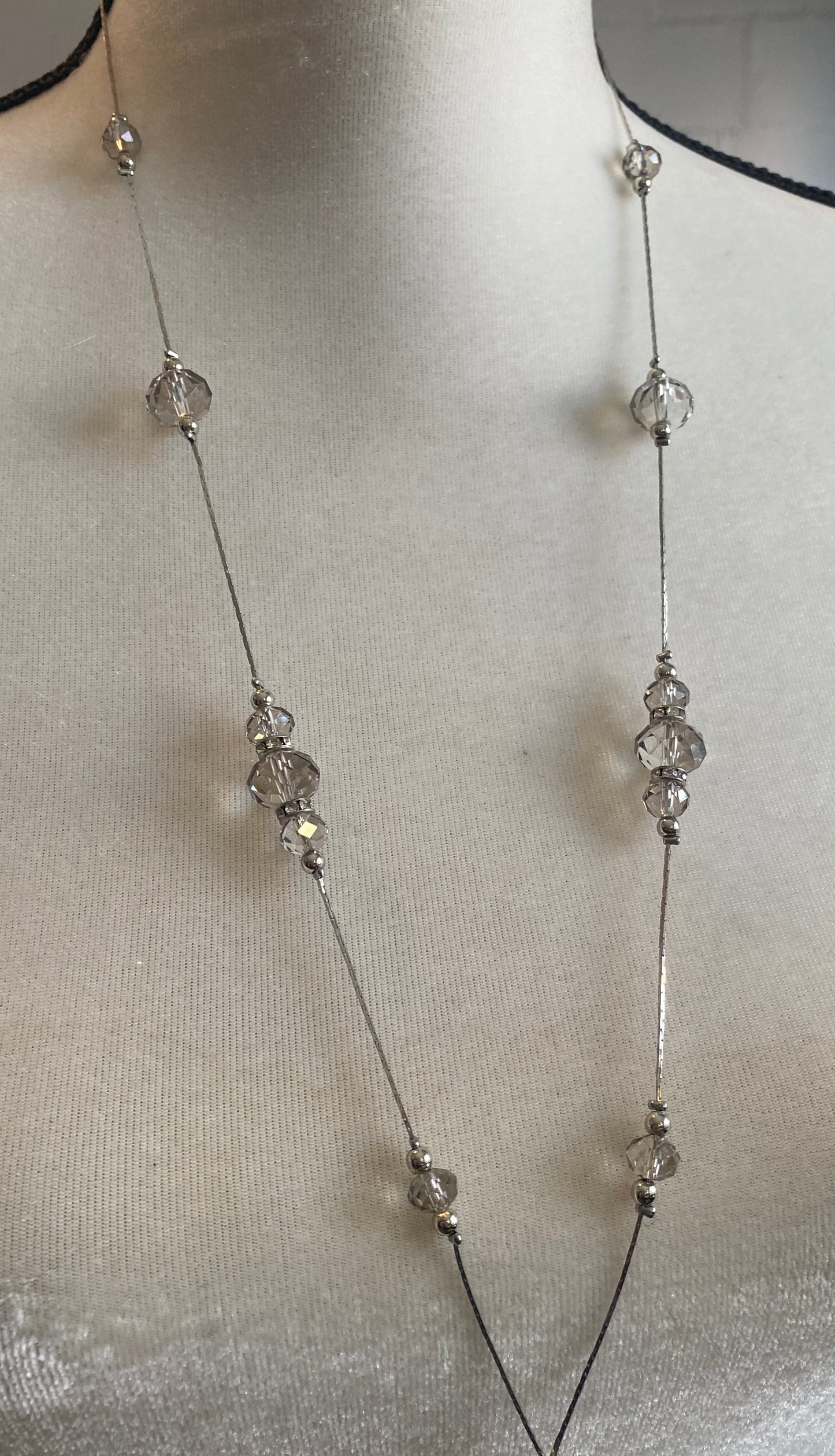 Vintage Silver Tone Opera Length Glass Bead Tassel Necklace Rhinestones