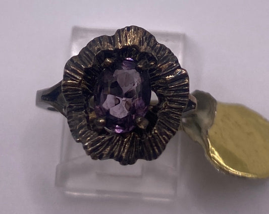 Vintage Sterling Silver Textured Flower Oval Amethyst Ring Sz 6.5