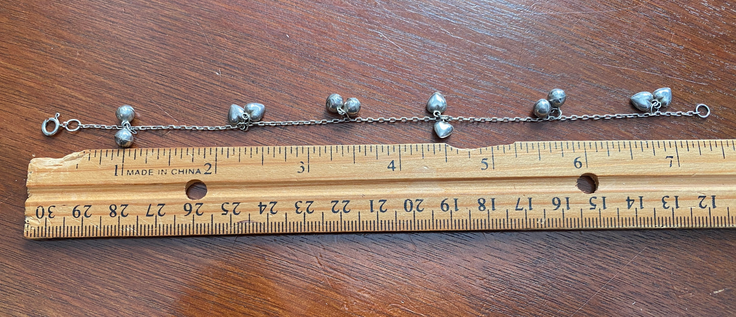 Sterling Silver 925 Puffy Heart Charm Bell Jingly Bracelet 7.5" Long