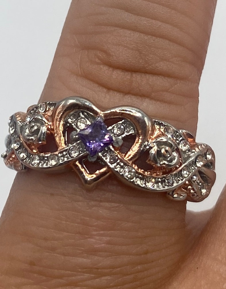 Sterling Silver 925 Rose Tone Flower CZ Amethyst Ring Sz 11