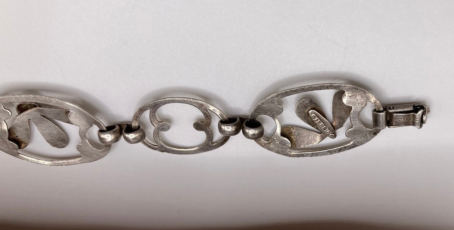 Sterling Silver 925 Flower Cut Out Panel Bracelet Measures 7.25" Long