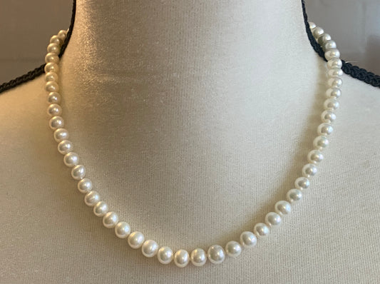 14k White Gold 6.5mm Real Pearl Single Strand Necklace 17.5" long