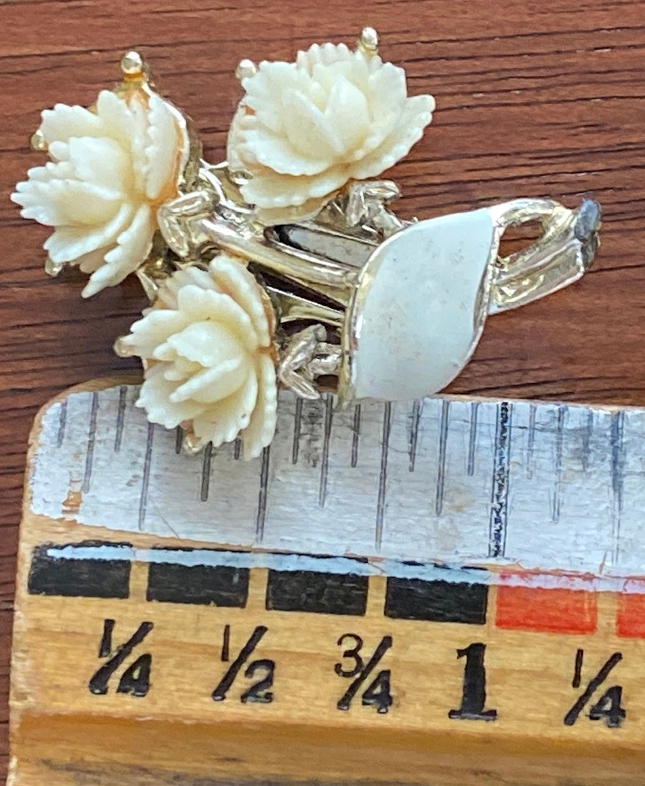 Vintage Carved White Rose Gold Tone White Enamel Clip on Earrings