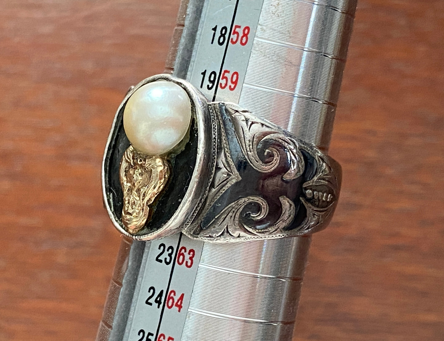 Vintage Niello Silver 950 Pearl Gold Signet Ring Sz 9.5