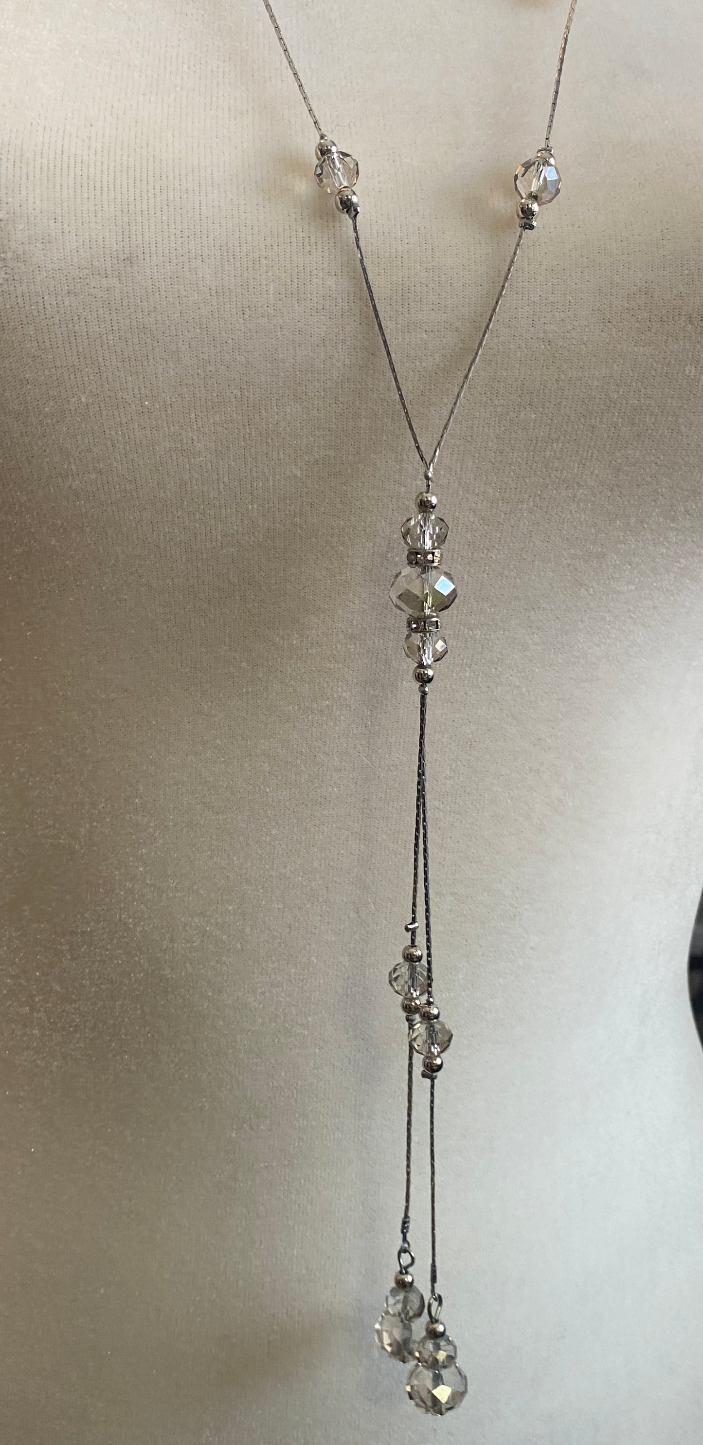 Vintage Silver Tone Opera Length Glass Bead Tassel Necklace Rhinestones