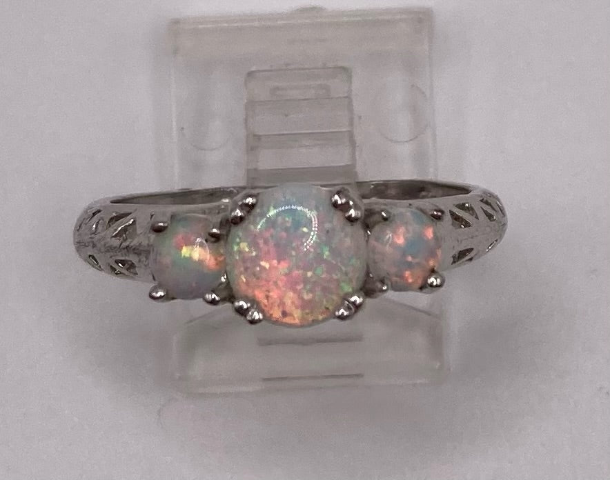 Sterling Silver 925 Simulated Opal Ring Cut out Band Ring Sz 9.5