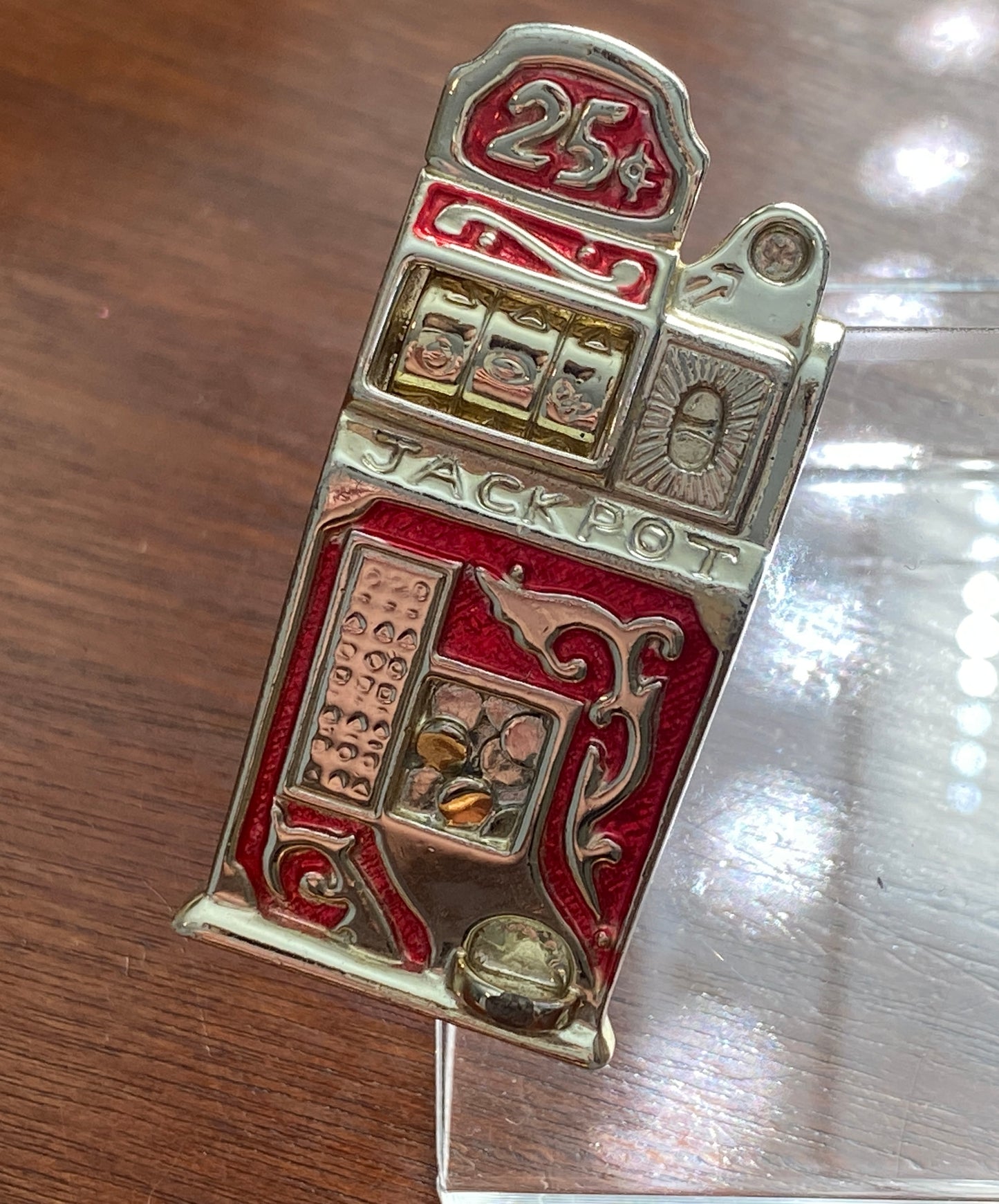 Vintage AJC Gold Tone Red Enamel Slot Machine Brooch Pin