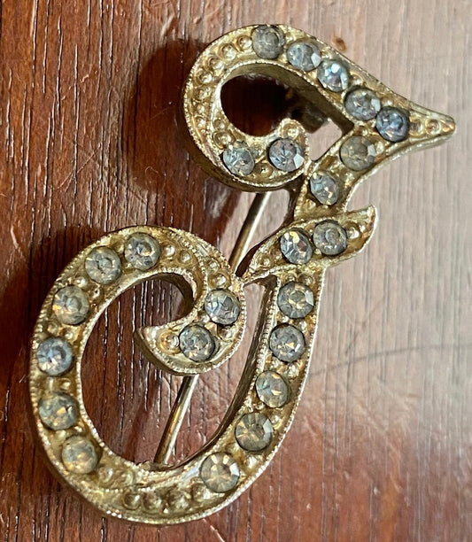 Vintage Silver Tone Pot Metal Blue Rhinestone Cursive F Initial Brooch Pin