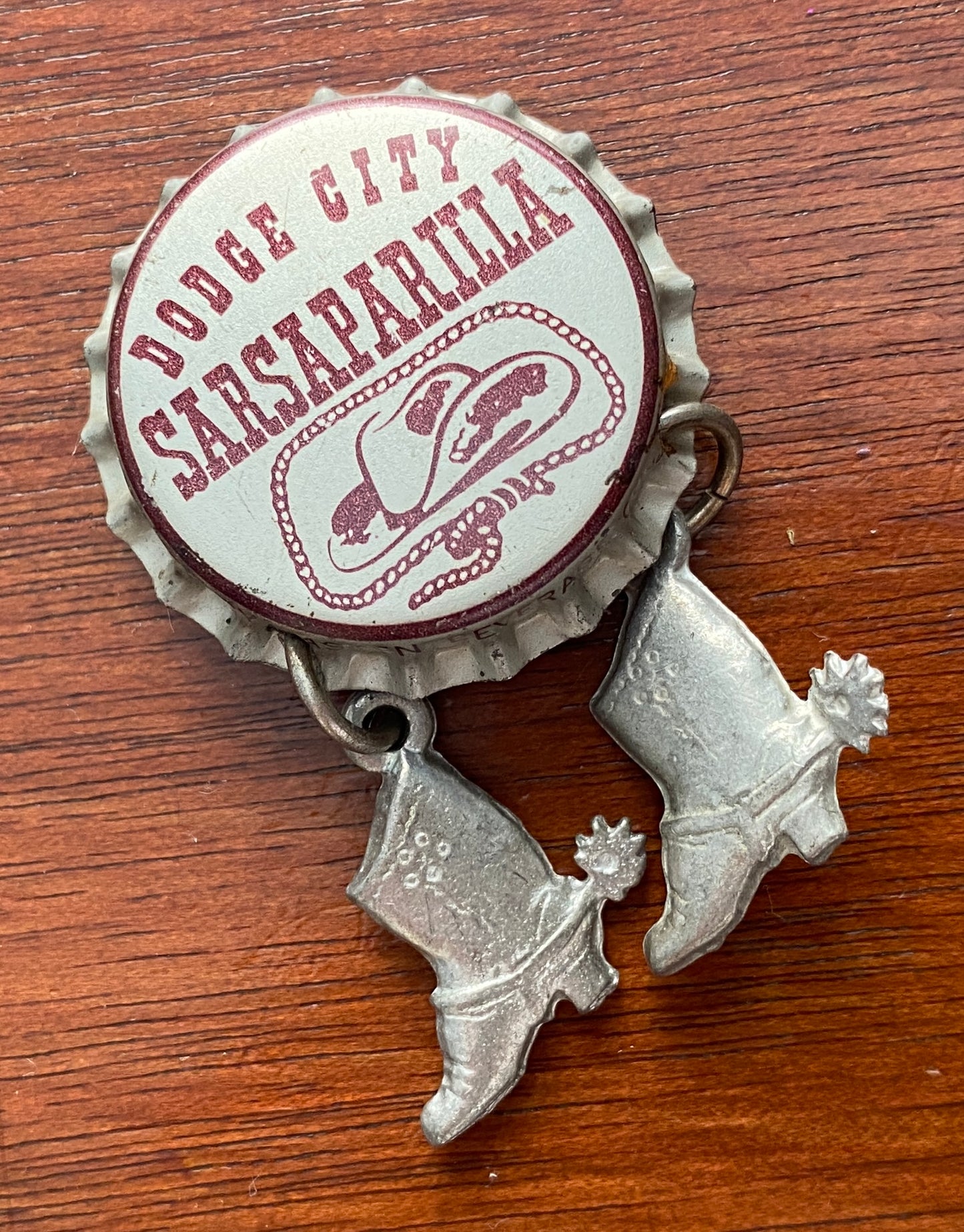 Vintage Dodge City Sarsaparilla Cowboy Western Brooch Pin Bottle Cap