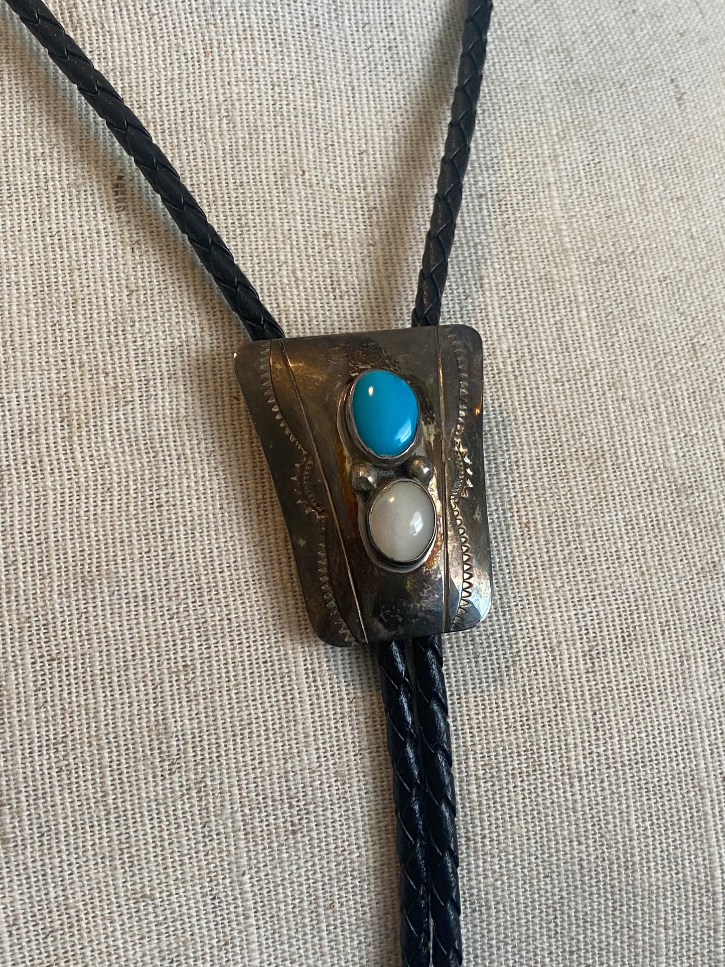 Vintage Signed AT Native American Sterling Silver Turquoise Bolo Tie