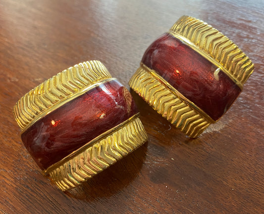 Vintage Large Domed Gold Maroon Burgundy Guilloche Clip on Earrings