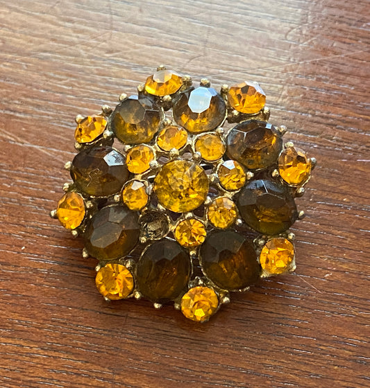 Vintage Silver Tone Amber Orange Tone Rhinestone Domed Brooch Pin