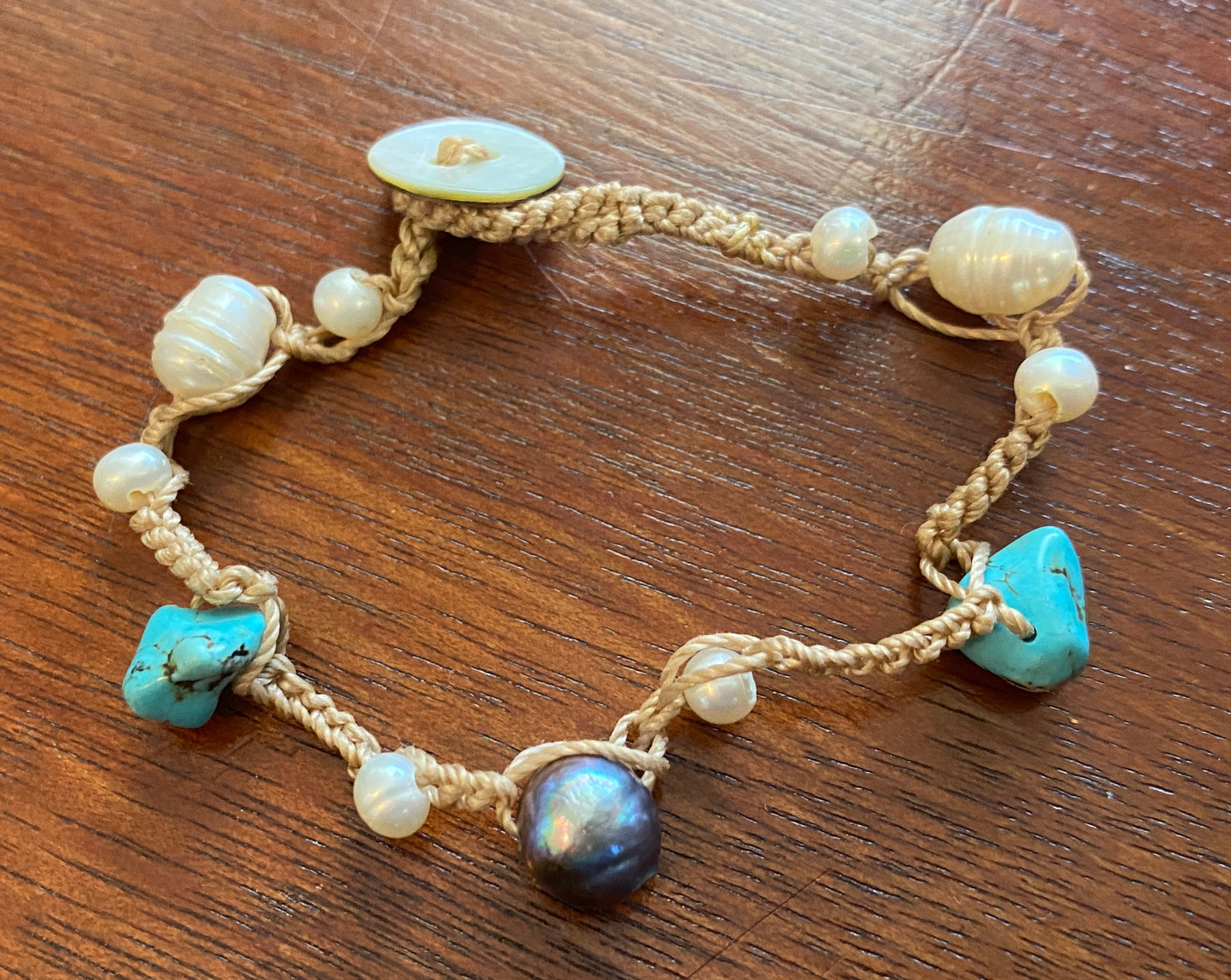 Handwoven Rope Real Pearl Turquoise MOP Mother of Pearl Bracelet