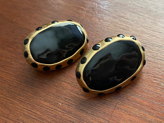 Vintage Gold Tone Black Large Pierced Earrings