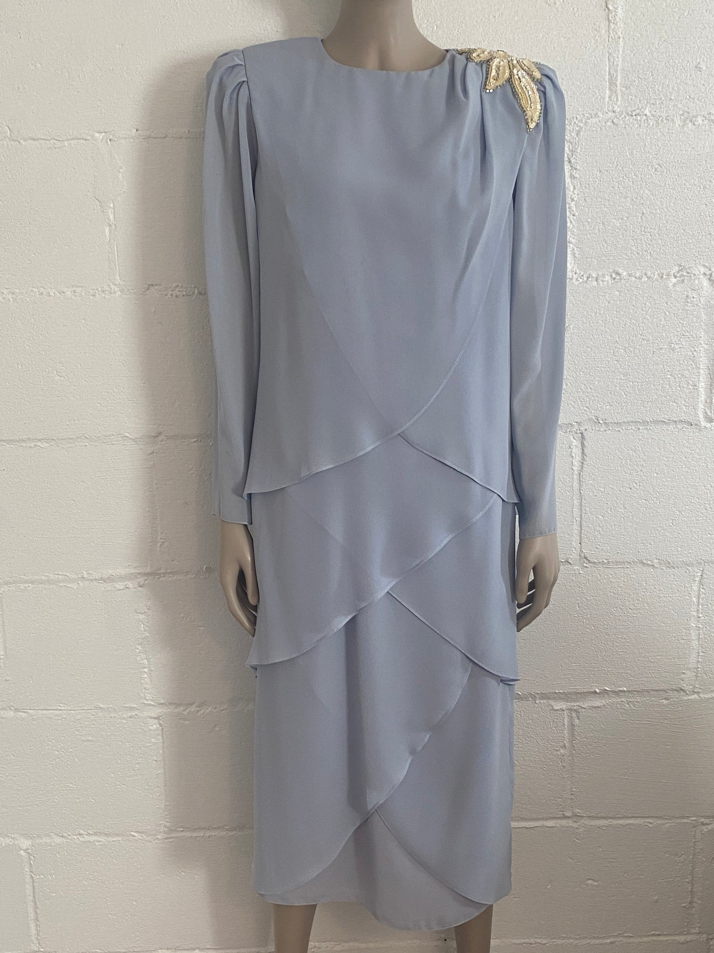 Vintage Ursula of Switzerland Periwinkle Pearl Chiffon Dress Sz 10