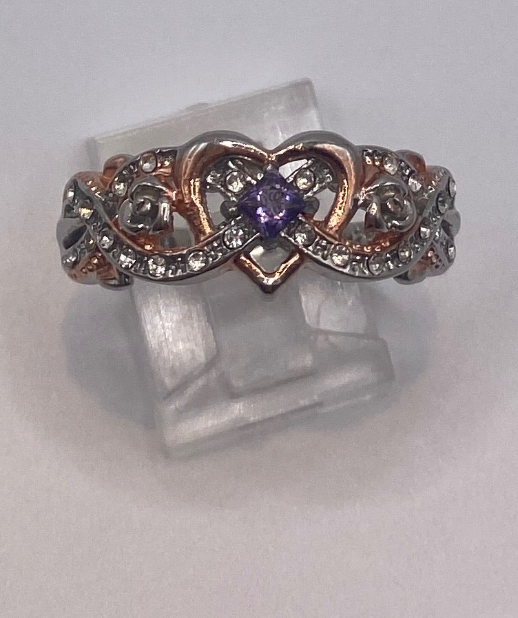 Sterling Silver 925 Rose Tone Flower CZ Amethyst Ring Sz 11