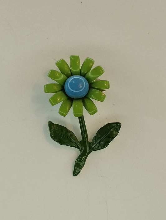 Vintage Small Blue Green Enamel Flower Brooch Pin Hippie Boho