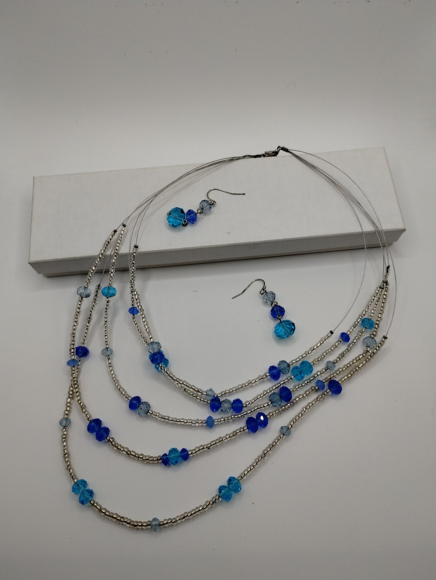 Silver Tone Blue Silver Beaded Wire Multi Chain 20" Necklace Earring Set