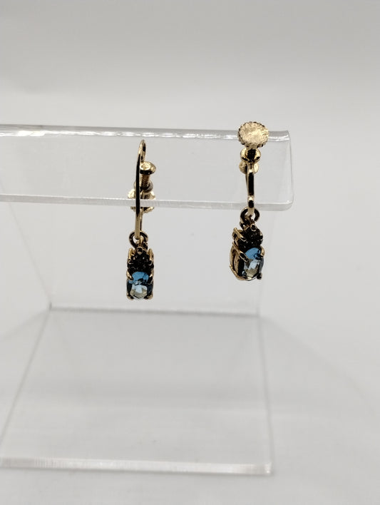 Vintage Marked Japan Gold Tone Blue White Rhinestone Screwback Dangly Earrings