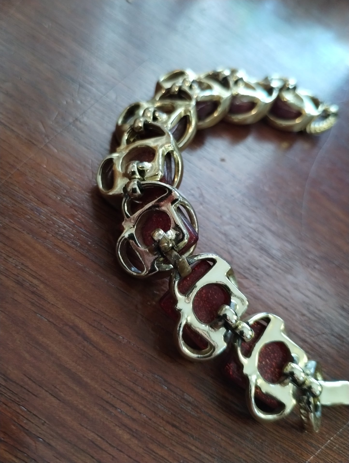 Vintage Chunky Gold Tone Bracelet Square Red Stones